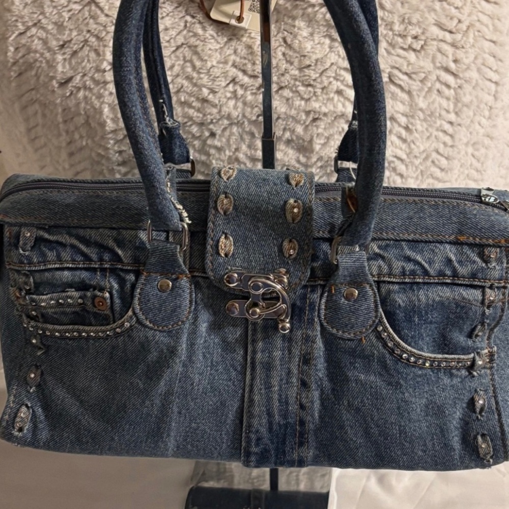 Denim Handbag Top Handle Double Zip Closure with Latch